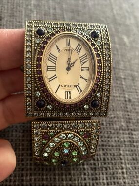 Heidi Daus Antique Gold-Tone Jeweled Bracelet Watch with Purple & Green Accents